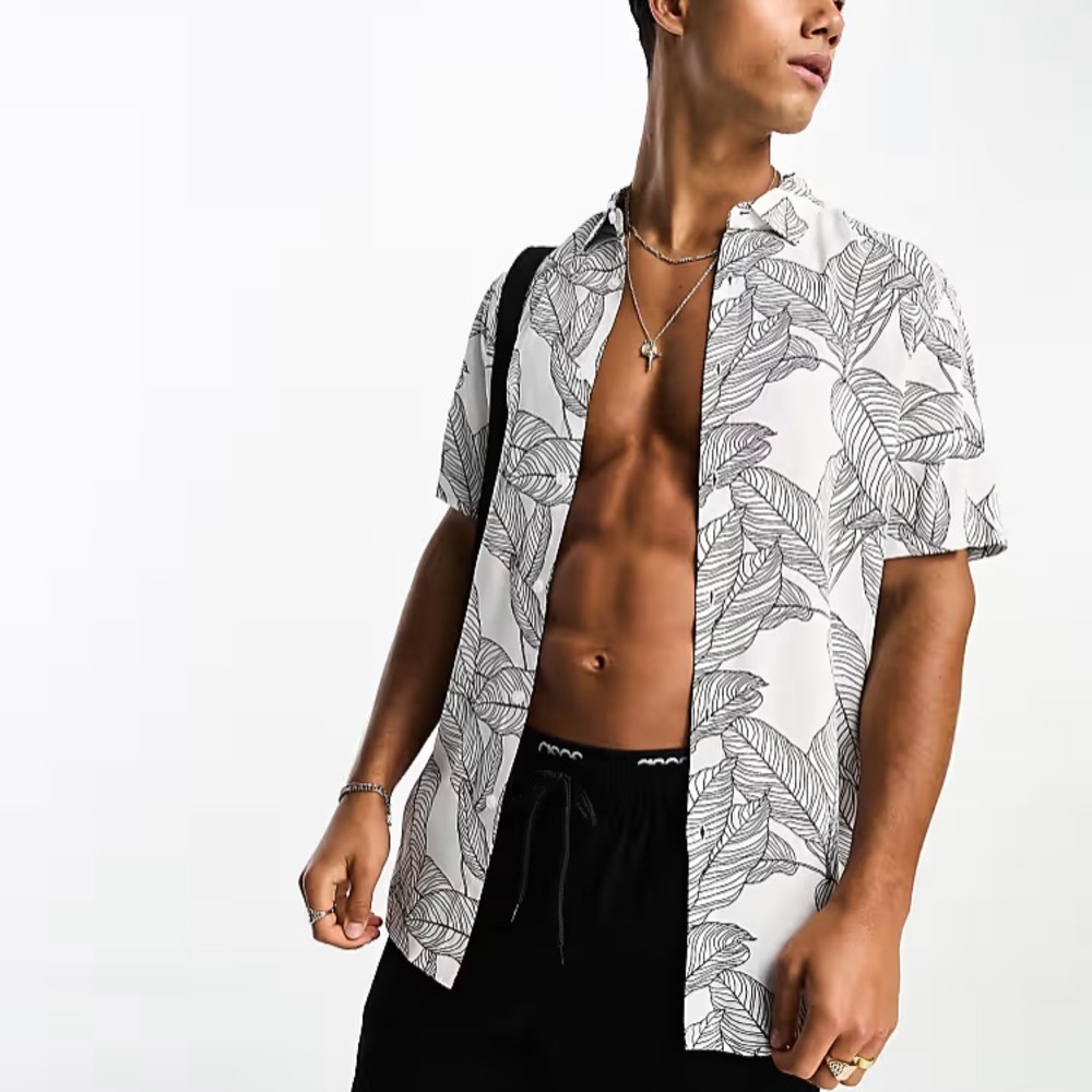 ❤️ASOS Design Shirt in Leaf Scribble Print Short Sleeve Shirt Black and White M
